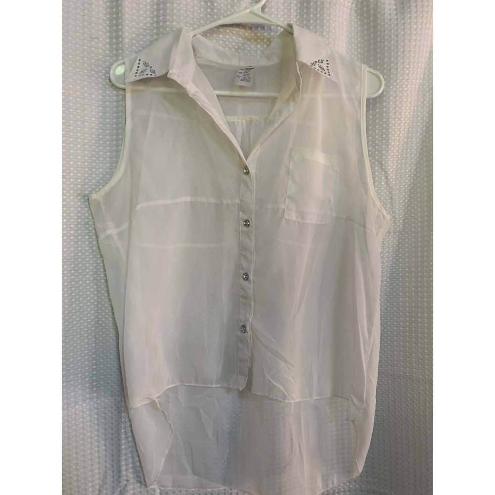 YPP Womens White Sheer Sleeveless High Low Blouse Rhinestone Collar Medium